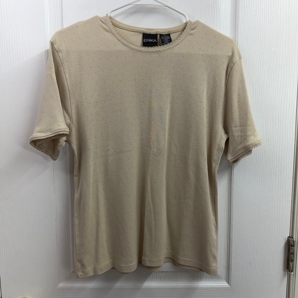 Vintage Erika Beige Textured Knit Short Sleeve Top embroidered hem stretch shirt